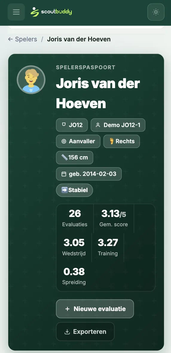 Spelerspaspoort van Joris van der Hoeven op mobiel